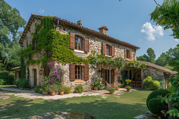 Obraz premium Charming farmhouse surrounded by fields and gardens