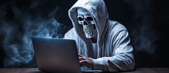 A mysterious person wearing a skull mask works on a laptop in a dimly lit room.