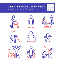 People with amputation two color line icons set. Prosthetic limb, special needs. Equality and diversity. bicolor outline iconset isolated. Duotone pictograms thin linear. Editable stroke