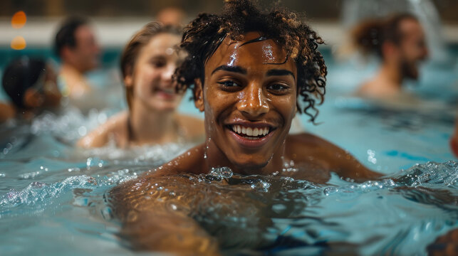 Young Man Smiling in Swimming Pool with Friends..