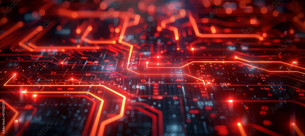 Aufkleber Glowing red circuit network motherboard. Wireless data transfer process. Generative AI technology.	
