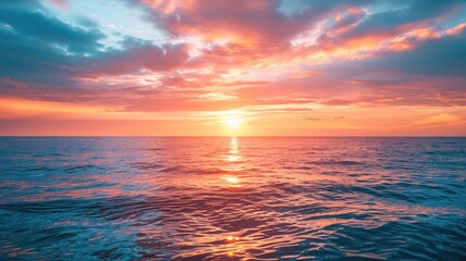 Fototapeta premium Tranquil Ocean Sunset Horizon - Perfect Background Scene with Warm Hues and Calm Waters