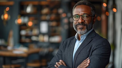 businessman corporate portrait in office, mature black middle aged manager business man. Portrait of happy african man wearing spectacles and looking at camera.