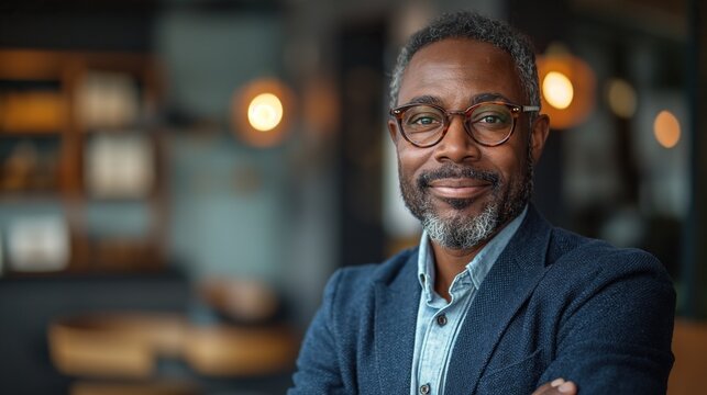 businessman corporate portrait in office, mature black middle aged manager business man. Portrait of happy african man wearing spectacles and looking at camera.