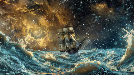 Obraz premium A tall ship sailing through the stormy sea of stars, fantasy art style,
