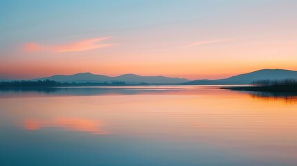 Fototapeta premium Serene Lakeside Dusk: Captivating Sunset Reflection on Water Surface