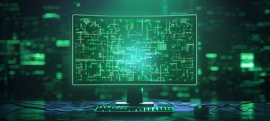 Green computer screen display has been hack by hacker. Cyber criminal information data thief. Generative AI technology.	
