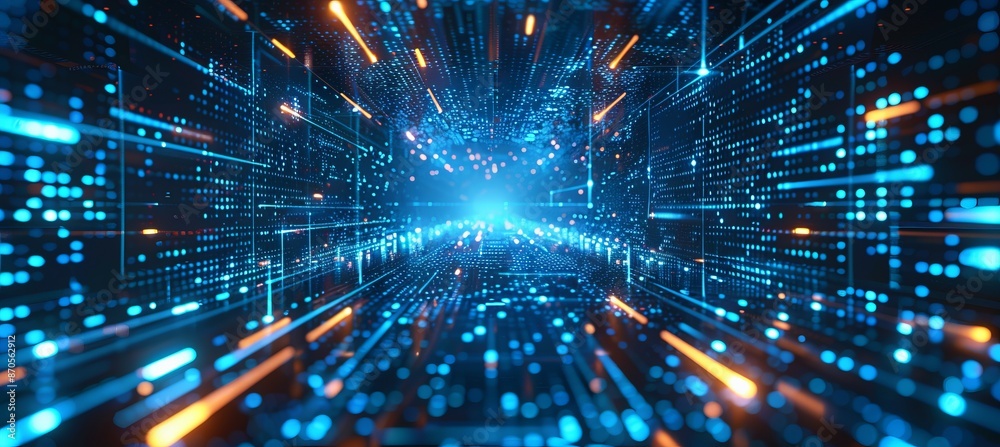 Poster Blue digital cyberspace technology background. Virtual data wireless transfer. Generative AI technology.	
