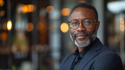 businessman corporate portrait in office, mature black middle aged manager business man. Portrait of happy african man wearing spectacles and looking at camera.