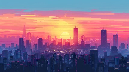Fototapeta premium Urban Sunset: Vibrant City Skyline with Gradient Colors