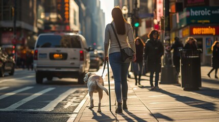 Fototapeta premium Guided by her loyal canine companion, a stylish blind woman navigates the bustling streets of Times Square, New York City, bathed in the warm glow of golden hour.