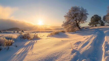 Fototapeta premium Serene Winter Sunrise: Dawn Illuminating Snowy Landscape in Peaceful Morning Glow