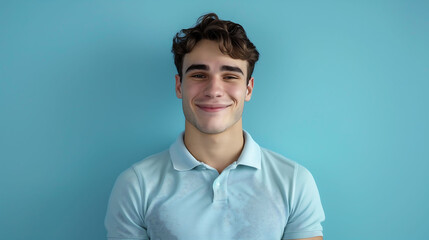 Obraz premium A millennial man in a polo shirt, smiling confidently at the camera against a solid light blue background