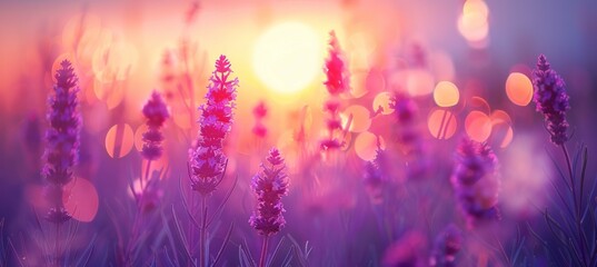 Lavender flower field at sunset background. Generative AI technology.	
