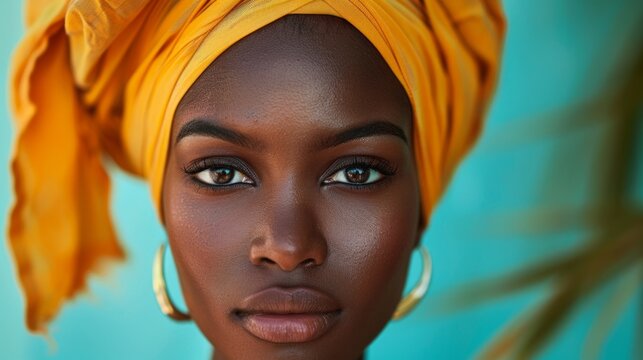 woman portrait of beautiful African woman in national, traditional costume and a colorful headscarf