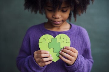 Young girl holding puzzle jigsaw, child mental health concept, world autism awareness day, autism spectrum disorder awareness concept