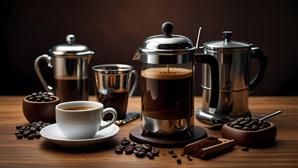 a cup of coffee on a table, with various coffee-making tools around it, like a French press, a grinder, and coffee beans scattered