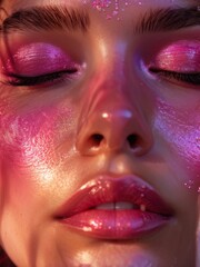 Fototapeta premium Sweet Dreams Makeup: Glamorous pink eyeshadow shimmers on closed eyelids. generative AI