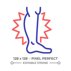 Leg cramps two color line icon. Muscle pain, hormone imbalance. Neurological condition. Healthcare massage bicolor outline symbol. Duotone linear pictogram. Isolated illustration. Editable stroke