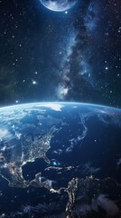 Fototapeta premium View of Earth from space with stars and milky way galaxy, cosmos concept