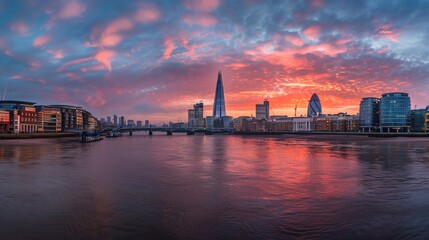 Fototapeta premium Serene London Cityscape at Dawn with River Thames - Copy Space for Text, Urban Landscape Morning View