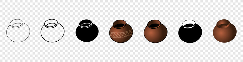 clay pot icon sets. Linear, illed and realistic pot icons.transparency clay pot, potters. icons. vector illustration concept.