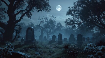 Graveyard under full moon at night, spooky and eerie atmosphere. Horror and supernatural concept
