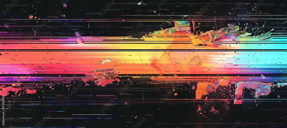 Poster Colorful scratch digital glitch background. Screen TV error screen damage distortion. Generative AI technology.	
