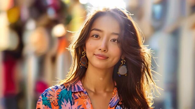 portrait of asian woman wearing bright patterned dress walking in the street. ai generated