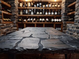 Rustic Slate Tabletop in a Moody Wine Cellar for Product Presentation and Display