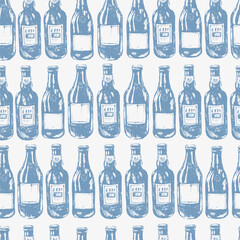 Vector beer seamless pattern. Beer bottles in grey blue color on white.