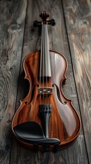 Classic violin on rustic wooden surface, close-up view. Musical instrument concept