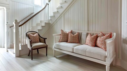 Comfortable and stylish bench with decorative pillows and a matching chair in a bright white setting.
