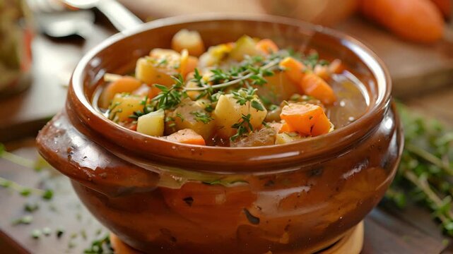 A hearty vegetable stew b with seasonal vegetables like carrots zucchini and onions all plucked from the community garden.