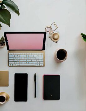 gold desk accessories, a pink notebook, and a small black potted plant, arranged on a white desk with ample negative space for text, illuminated by natural light. 