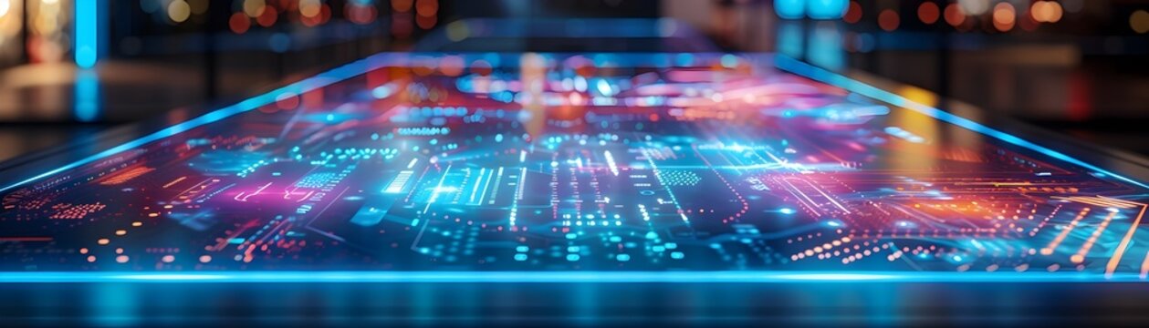 A digitally interactive table in a tech store with touch enabled surfaces for product and displays