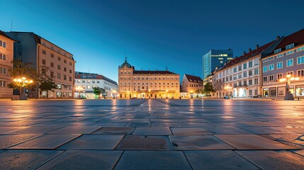 Obraz premium Serene Night View of Empty City Square with Colorful Building Lights, Perfect for Copy Space