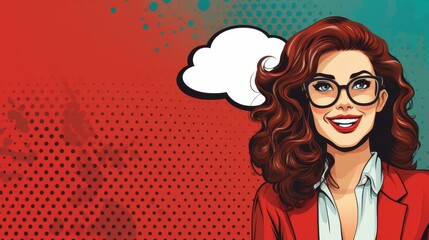 Vibrant pop art illustration featuring a woman with a speech bubble in a retro comic style.