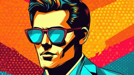 Vibrant Pop Art comic illustration featuring a retro s style man against a street art graffiti backdrop.