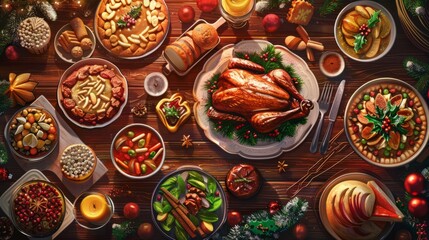 Thanksgiving Food and Dessert for party invitation, Christmas party celebration with dinner meal on table, Happy new year and Xmas scene, wooden table full of food and treats. 