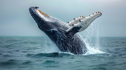 Naklejka premium Dramatic Breach of Majestic Humpback Whale Showcasing Power and Size in Ocean Seascape