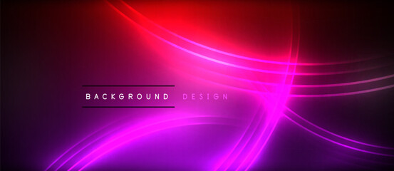 Obraz premium Neon glowing circle rays, light round lines in the dark, planet style neon wave lines. Energetic electric concept design for wallpaper, banner, background