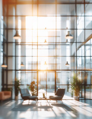 A blurred photo of a modern office interior with large windows allowing abundant natural light, creating a bright and inviting atmosphere