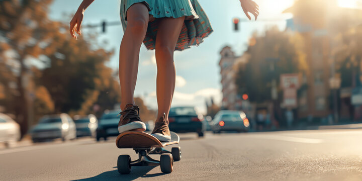 Close-up of a young woman skateboarding on a city street, wearing a skirt and sneakers, with traffic and buildings in the background, capturing the essence of urban adventure and freedom