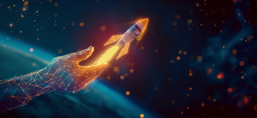 Digital hand launching a glowing rocket in a starry space background, symbolizing innovation and technology