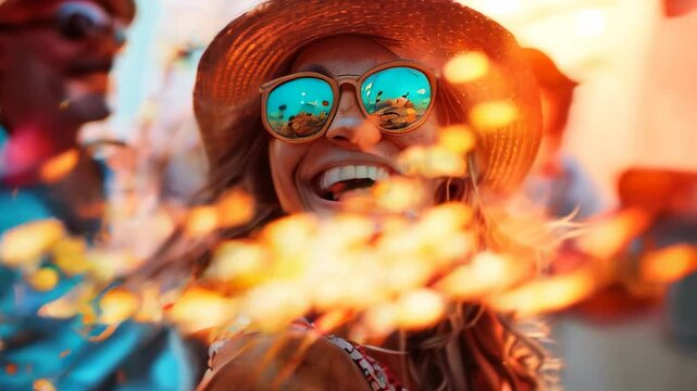 Friends celebrating summer festival, beach party. ai generated