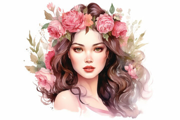 Beautiful fairy tale illustration of a princess crown with flowers, featuring a lovely face. Perfect for whimsical designs.