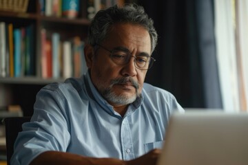 Middle aged Hispanic man attends virtual business meeting on laptop.