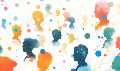 Colorful silhouettes of people connected by a network of nodes and lines on a light background