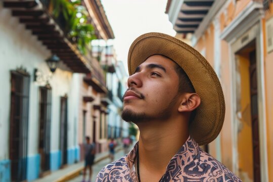 Portrait of a young Hispanic man enjoying his vacations in a colonial city.